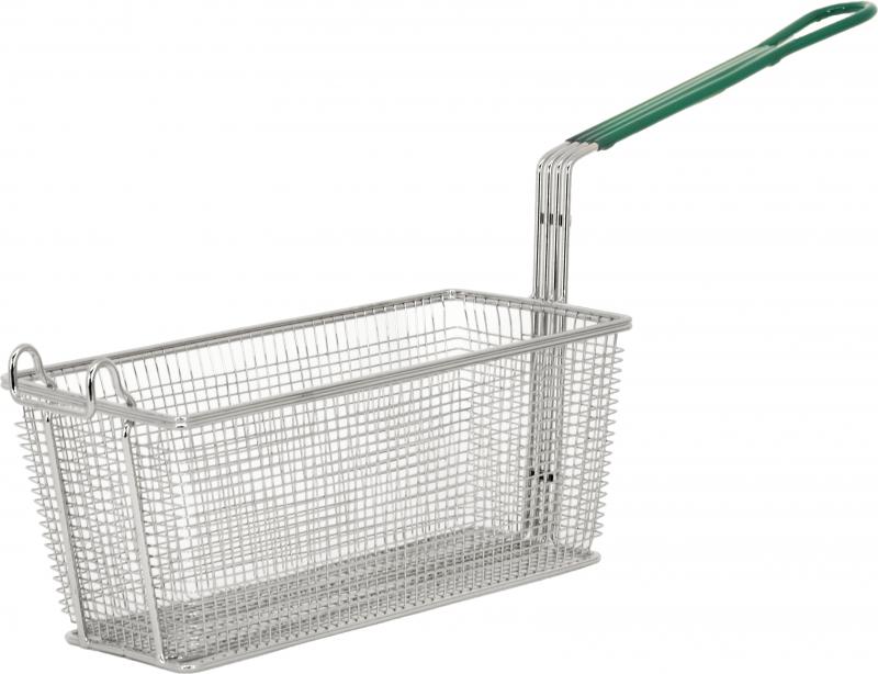 13 1/4" x 5 7/8" x 5 5/8" Nickel-Plated Iron Fryer Basket with Green Handle 1 13 1/4" x 5 7/8" x 5 5/8" Nickel-Plated Iron Fryer Basket with Green Handle